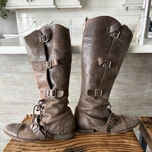 All-saints Tall Brown Leather Lace-Up Buckle Boots - Women's